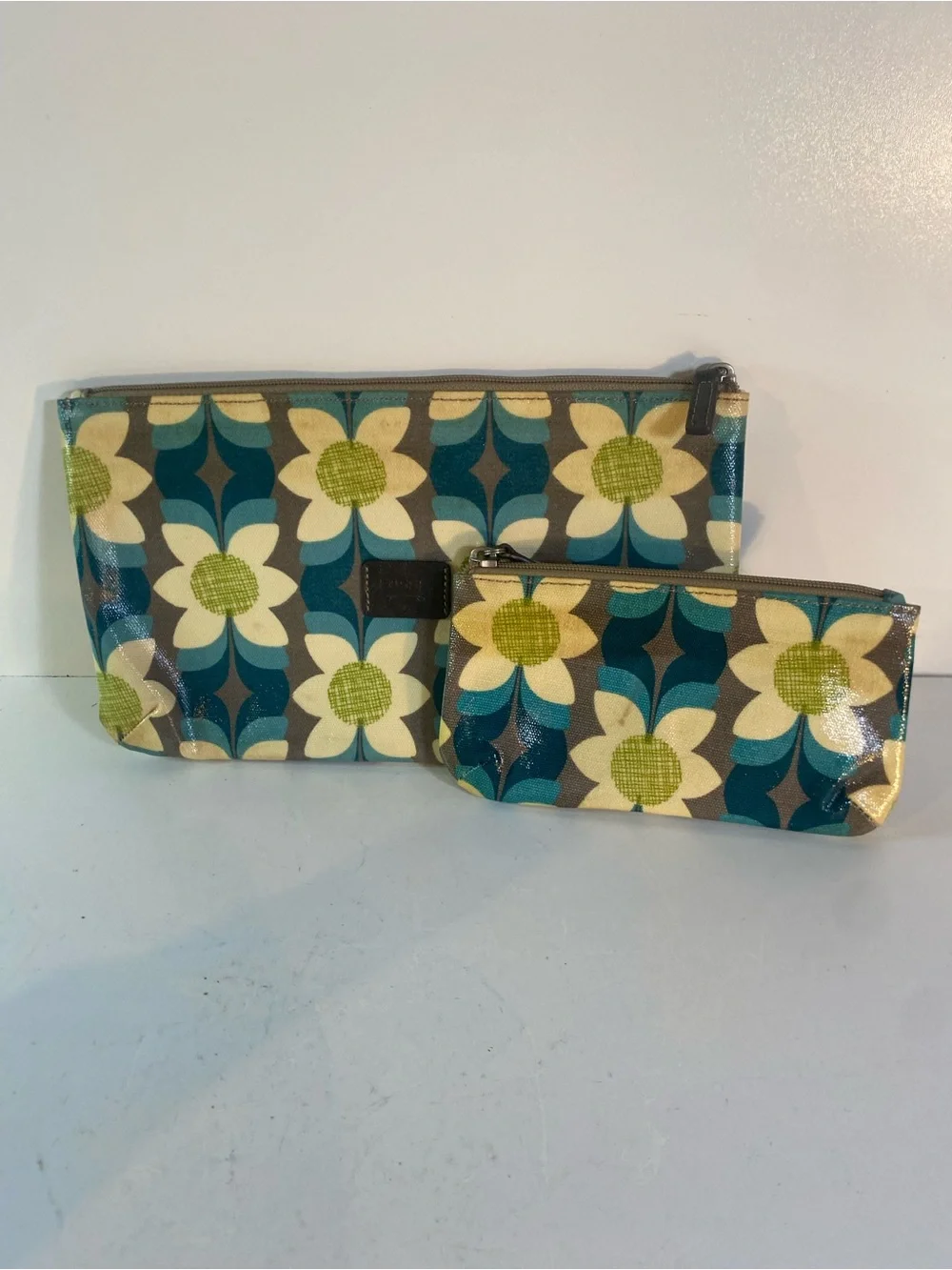 Set Of Two Fossil Key-Per Coated Canvas Cosmetic Clutch 7”X4” & 11”X6”